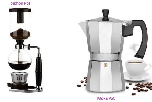 siphon pot and moka pot for coffee brewing